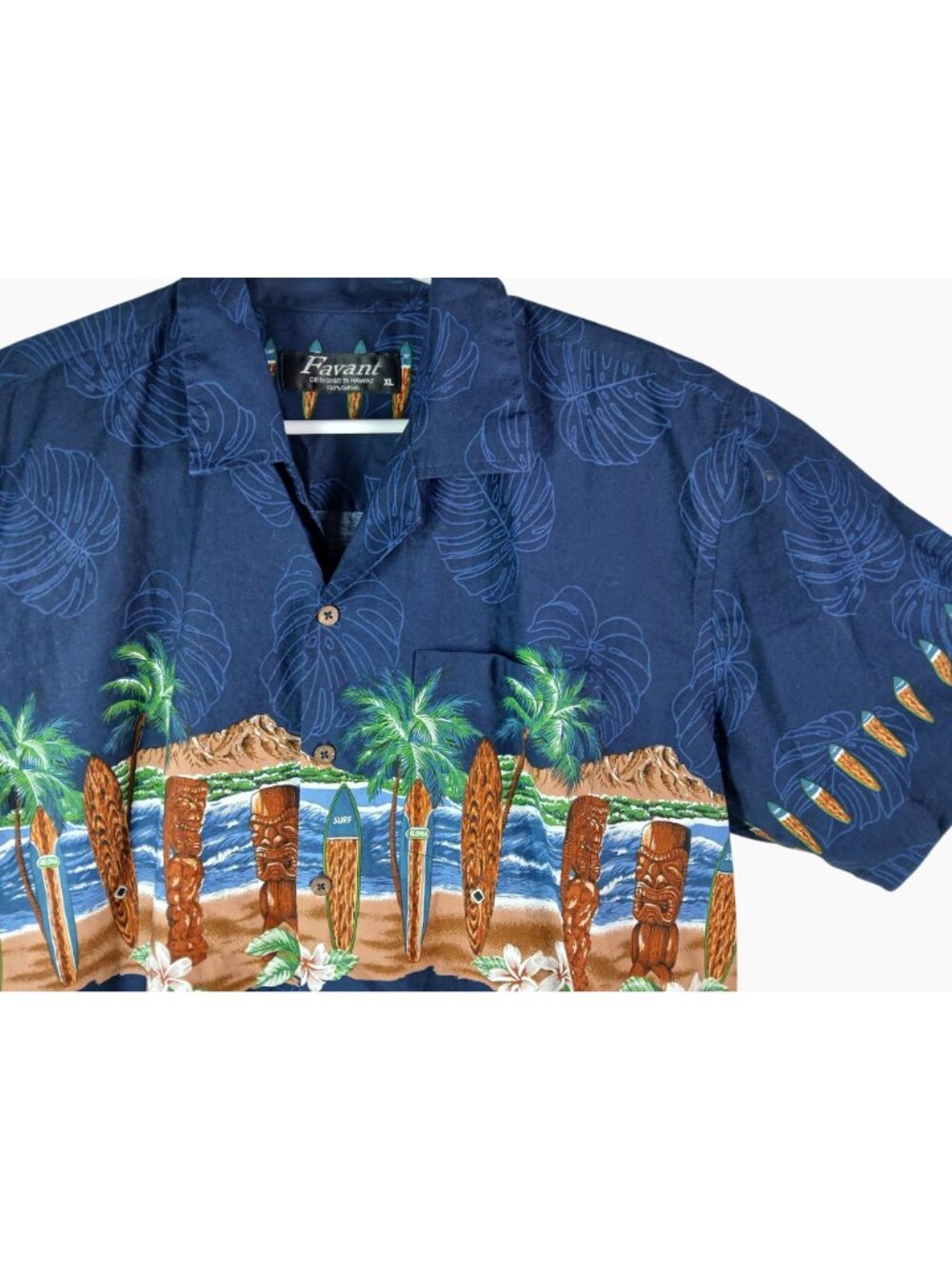 Favant Hawaiian Shirt XL Surfboard Tiki Aloha Print Navy Button-Up 100% Cotton - Picture 2 of 15